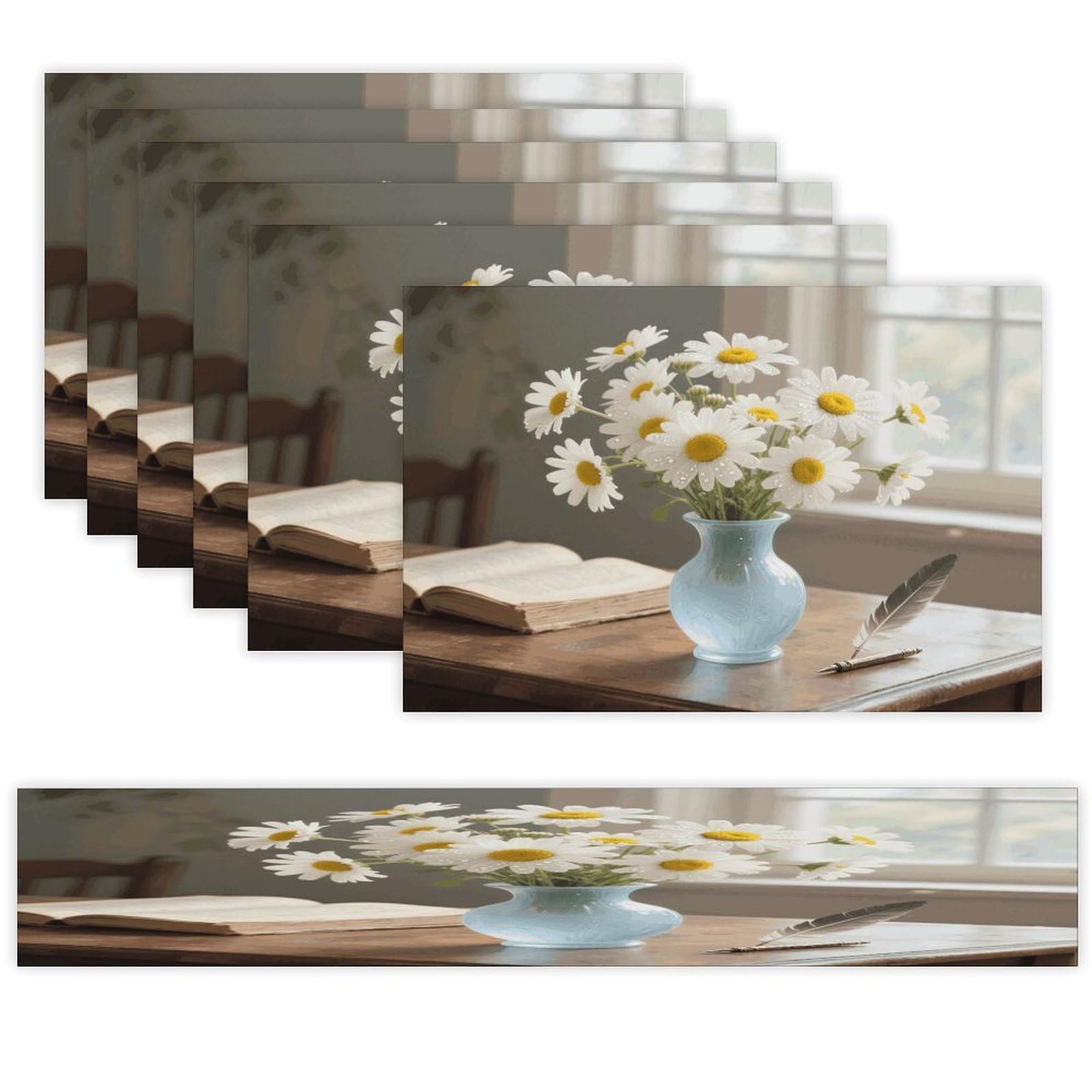 Elegant Spring Daisy Flowers Table Runner and Placemats Set of 7 Linen Table Mat Non-Slip Place Mats Washable Placemat Heat Resistant Place Mat with Table Runner for Party Dining Decor