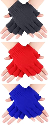 SATINIOR 3 pares de guantes sin dedos para mujer, guantes de punto de medio dedo para mujeres y hombres