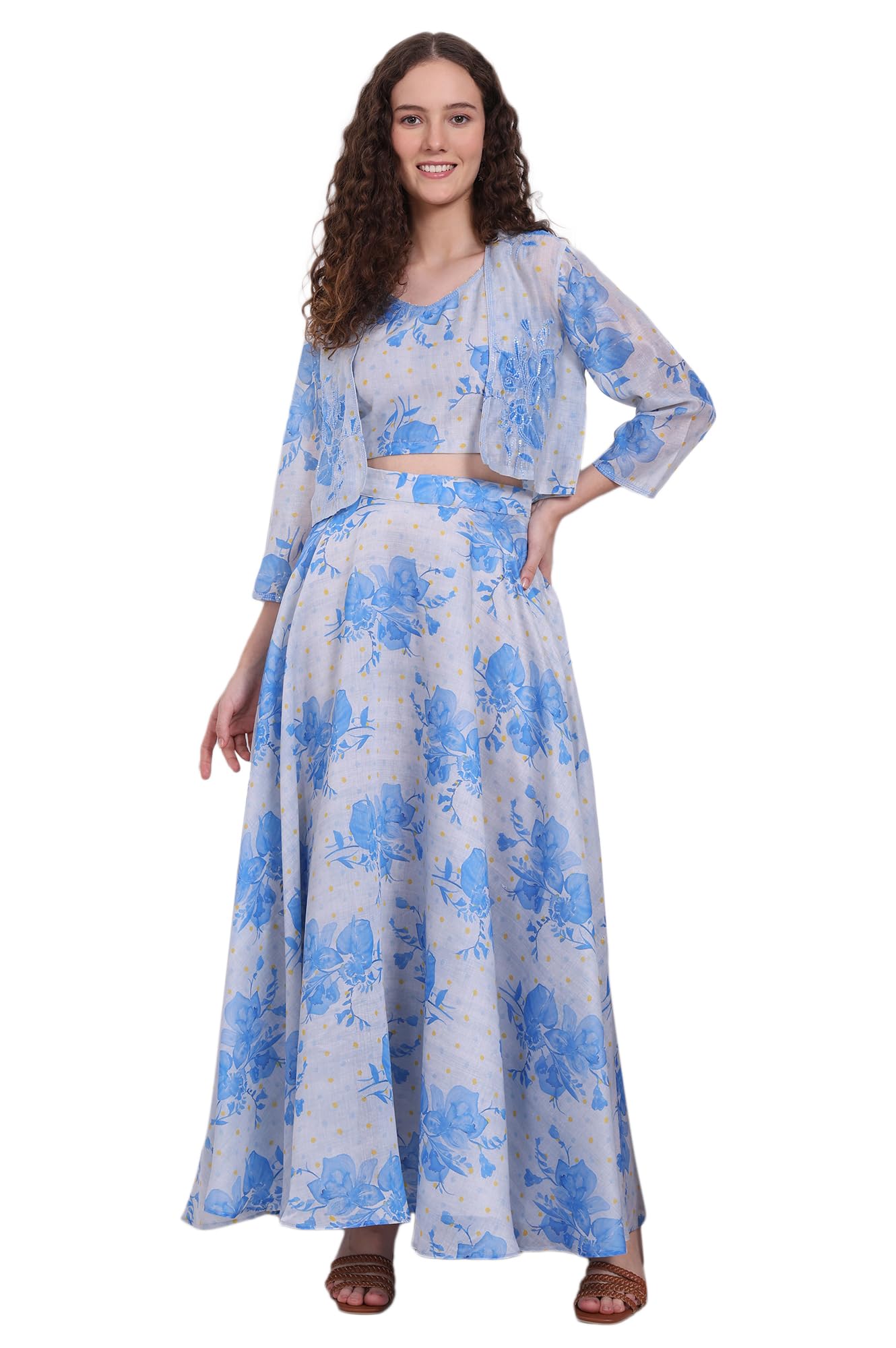 Floral Printed Chiffon Jacket, Crop Top and Culottes Set