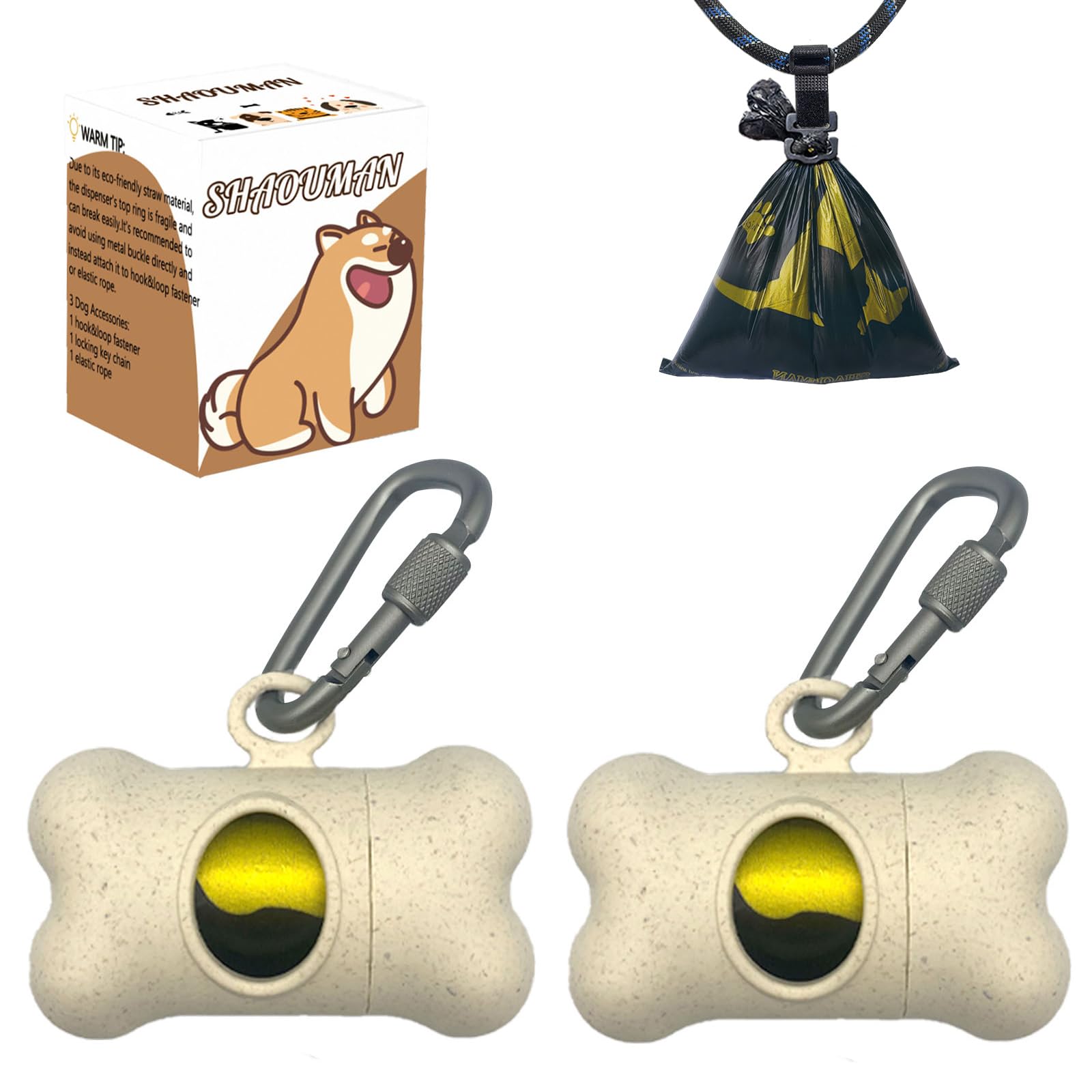 SHAOUMAN Bone Shaped Garbage Bag Dispenser Dog Poop Bags Holder Dog Waste Bags Dispenser with for Leash On The Go for Walking Dogs Outdoor(2 Holders 30 Bags，Beige)