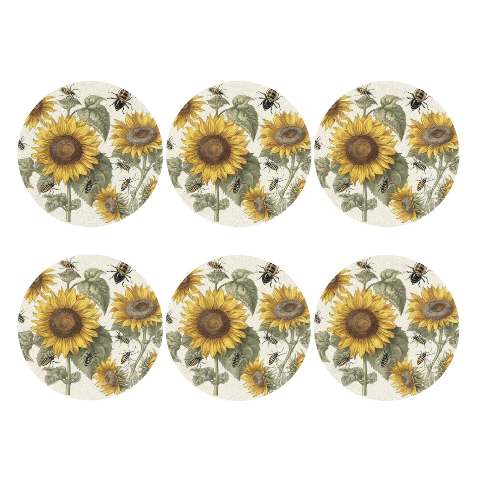 6pcs Leather Coasters for Drinks, Sunflowers and Insects Drink Coasters for Tabletop Protection, 4" Cup Coasters for Coffee Table Decor, Non-Slip Drinking Cup Mat for Hot Or Cold Drink