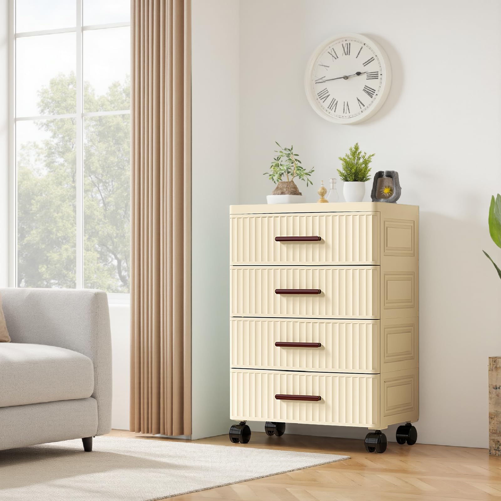 Boîte de rangement mobile en plastique avec roulettes à 4 niveaux pour chambre à coucher, salon, bureau, maison, 48 x 30 x 69,5 cm