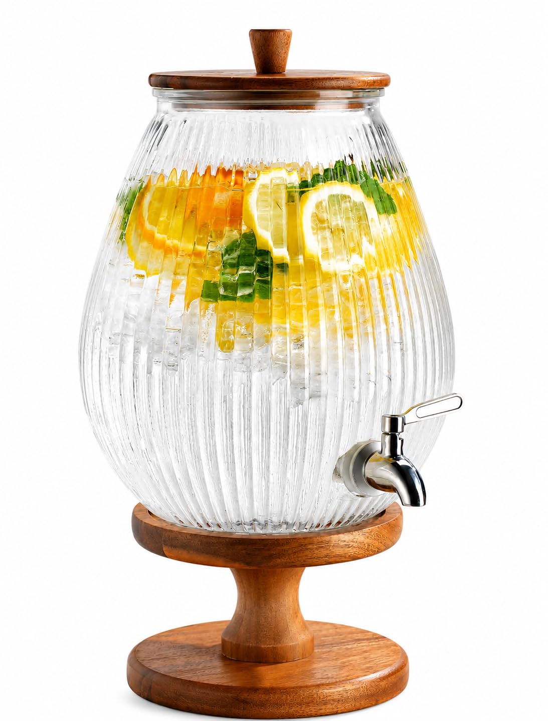 2 Gallon Drink dispenser, Glass Beverage Dispenser With Wood Stand, Large Water Drink Dispensers for Parties With Stainless Steel Spigot, Ideal for Lemonade,Juice, Tea, and Party Drinks