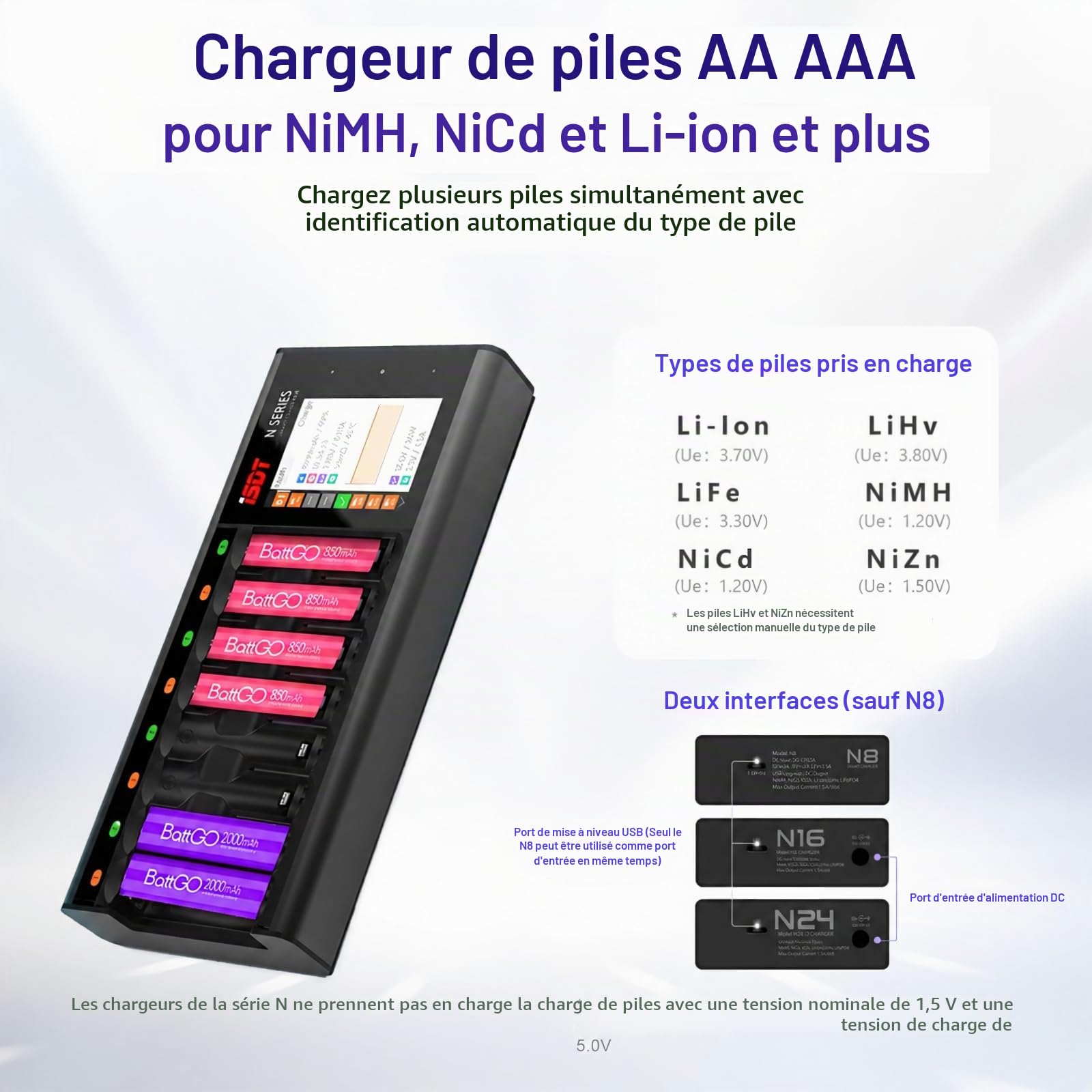 ISDT N8 Chargeur de batterie rapide à 8 baies AA AAA avec analyseur de décharge LCD pour batteries rechargeables Nimh Nizn Nicd, testeur de chargeur de batterie Smart Mini Z, USB-C Cargador de Batería