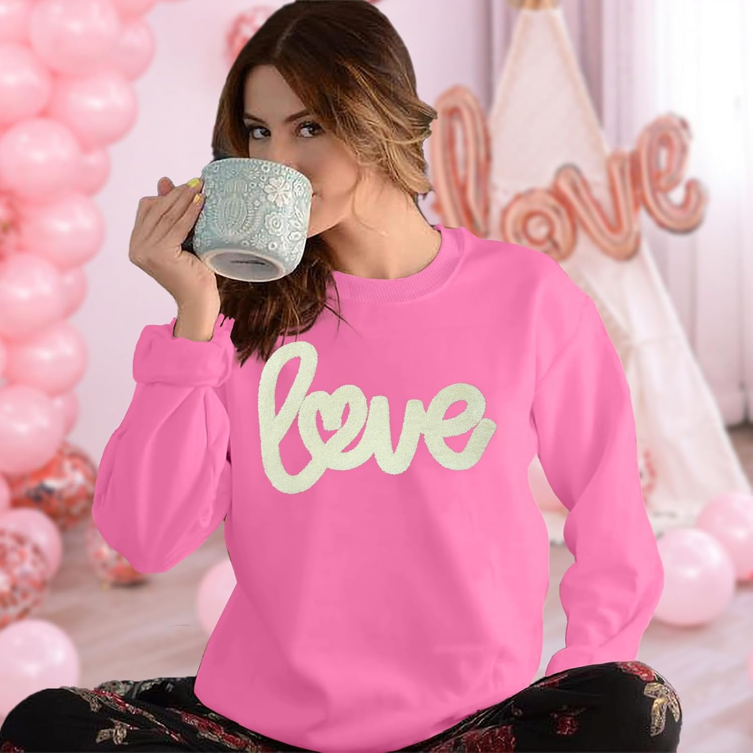 Valentines Sweatshirt Women: Love Chenille Pach Sweatshirts Valentines Shirt Love Heart Pullover Tops - Image 2