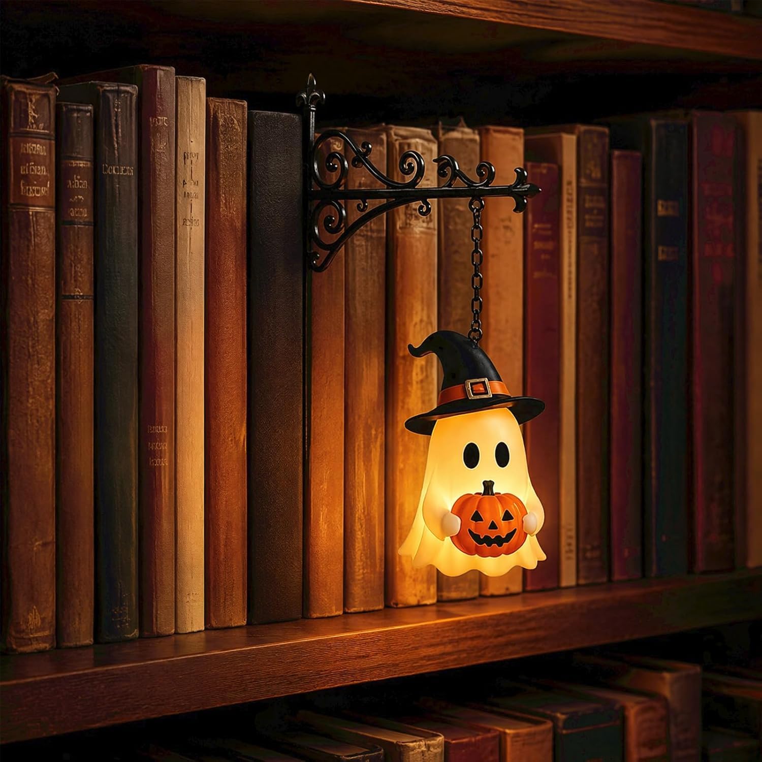 Library Lantern-Decorative Bookshelf Lighting, Mini Bookshelf Lamp Slides Between Books, Warm Amber LED Nook Light & Bookshelf for Book Nook, Shelf Decor Gift (Halloween Ghost)