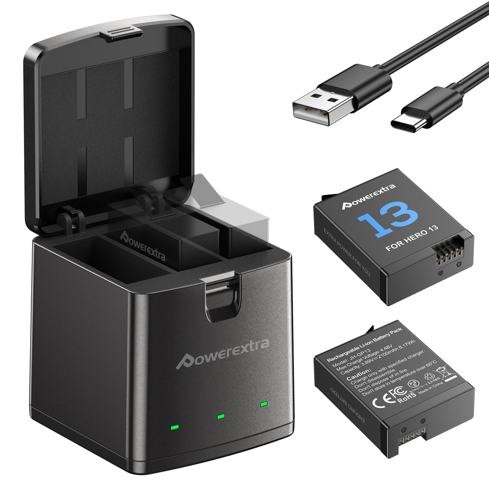 2 Ersatzakkus für GoPro Hero 13 Black und Schnellladegerät - 2er-Pack 2100mAh-Akkus und 3-Fach-USB-Ladegerät, kompatibel mit Original GoPro 13