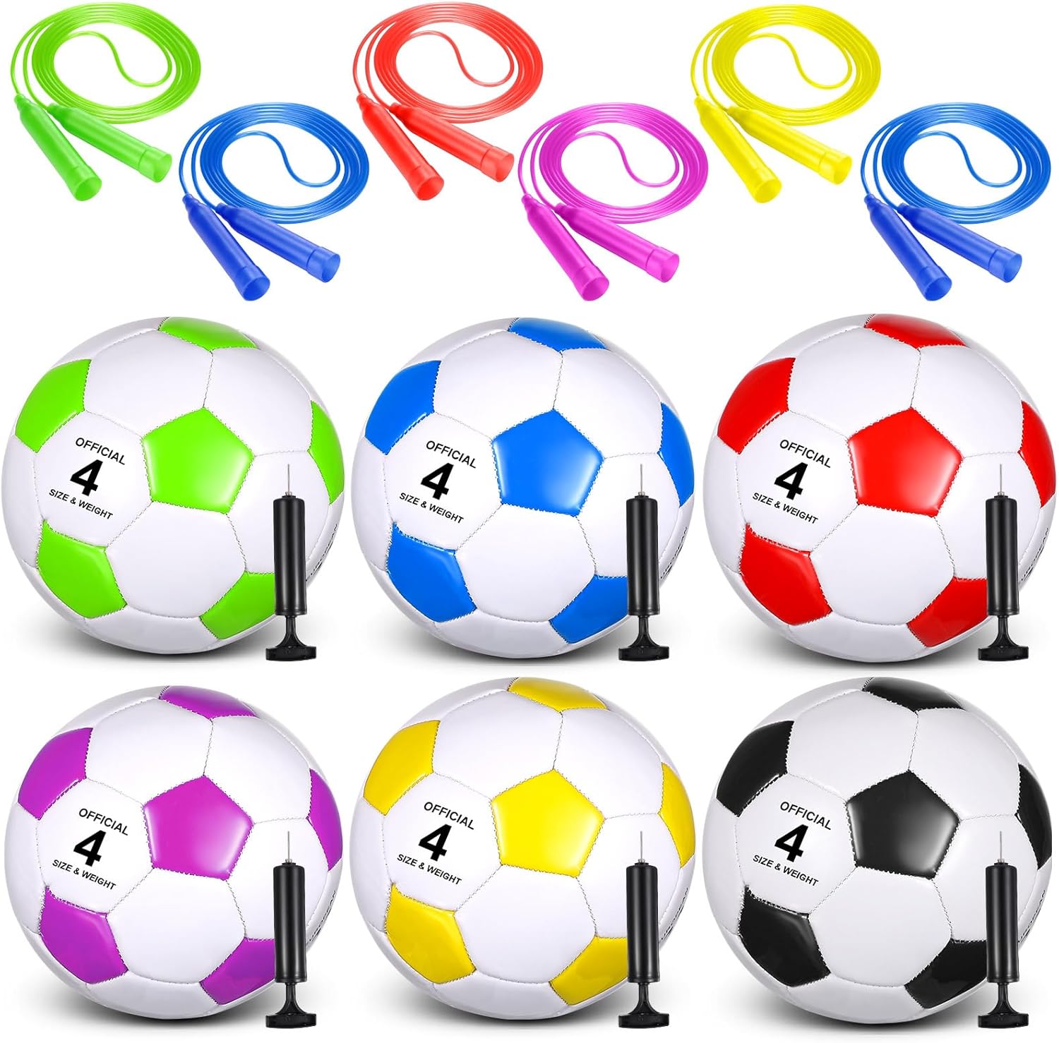 Hiboom 6 Sets Operation Christmas Deflated Soccer Ball with Pumps and Jump Ropes Official Size Soccer Ball Bulk for Outside Sports Training Party Supplies Christian Charity Donation Gift