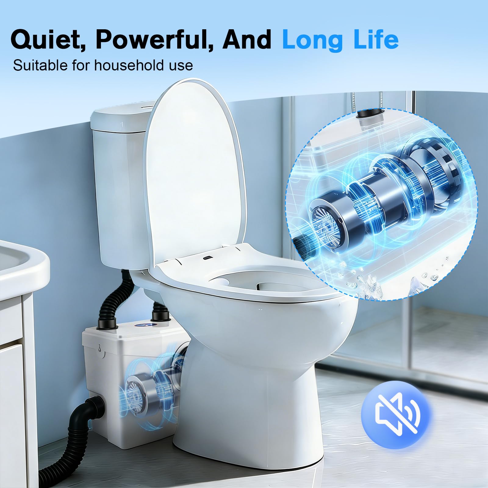 Triturador Sanitario 600W, Bomba trituradora aguas residuales silenciosa, Trituradora Sanitaria con Motor de Cobre, 240L/min, 8m de Altura, 3 Entradas para WC, Ducha, Lavabo, Lavadora y Condensación