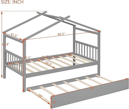 Miniatura 207 de Merax Cama de madera de tamaño individual con dos cajones, marco de cama de madera con techo para niños, adolescentes, niños o niñas, gris