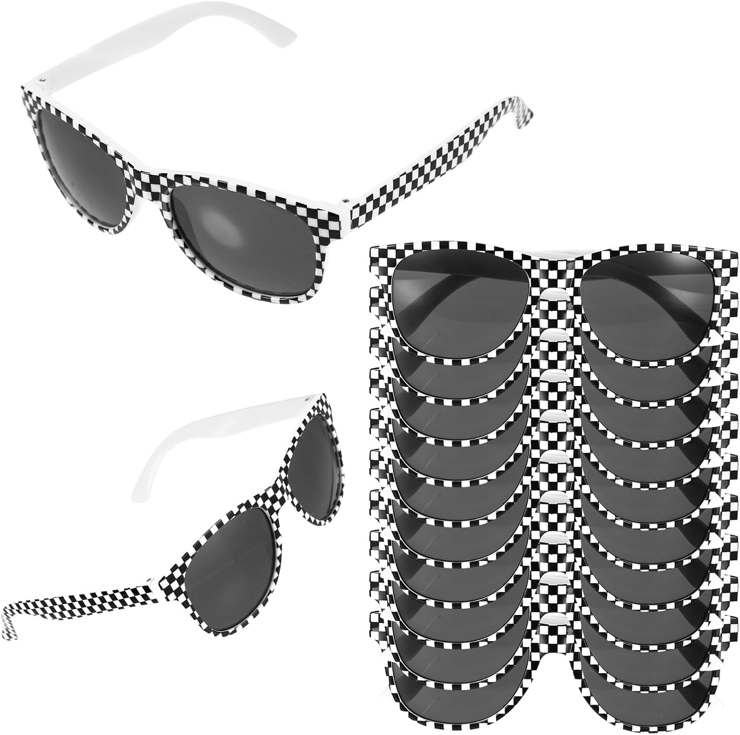 16 Pack Race Car Checkered Sunglasses White Black Frame Checker Boys Sunglasses Bulk Race Car Birthday Party Decorations, Hot Racing Cars Plastic Glasses for Racing Theme Birthday Party Favors