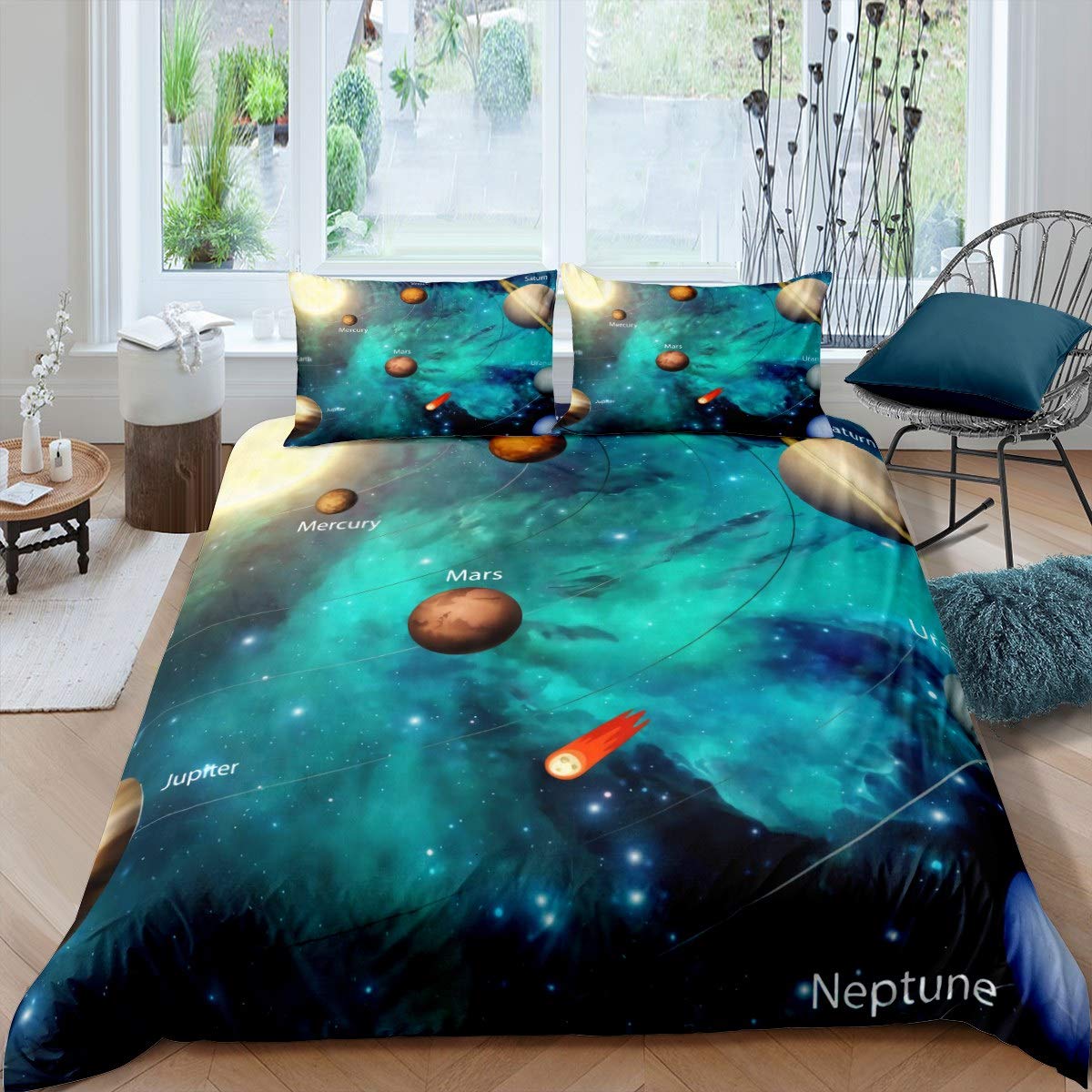 Loussiesd Multi 14 Solar System Comforter Cover Set Outer Space Theme Duvet Cover Universe Planets Bedding Set Bright Green Starry Sky Galaxy Bedspread Cover Bedroom Collection 3Pcs King Size
