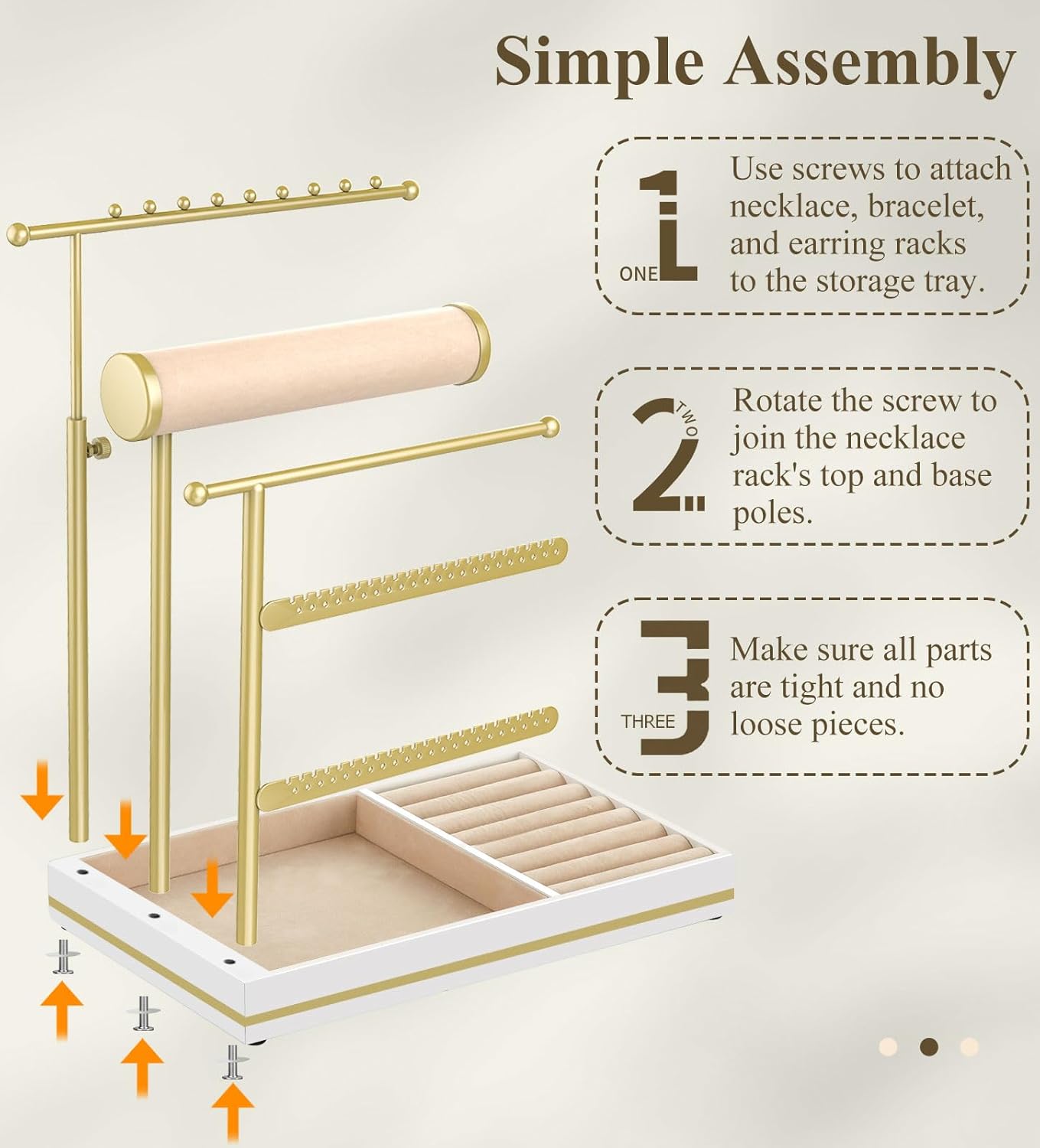 Emibele Necklace Holder Jewelry Organizer Stand, Jewelry Organizers and Storage Holder for Necklace Bracelet Earrings, with Velvet Ring Tray, Elegant Jewelry Stand Tower Gifts for Women, White&Gold