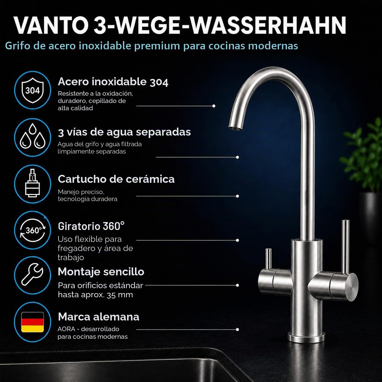 AORA® VANTO INOX Grifo de cocina de 3 vías de acero inoxidable macizo 304 – Mezclador de cocina de alta presión para filtro de agua y sistema de ósmosis – Grifo de fregadero con salida de 360°