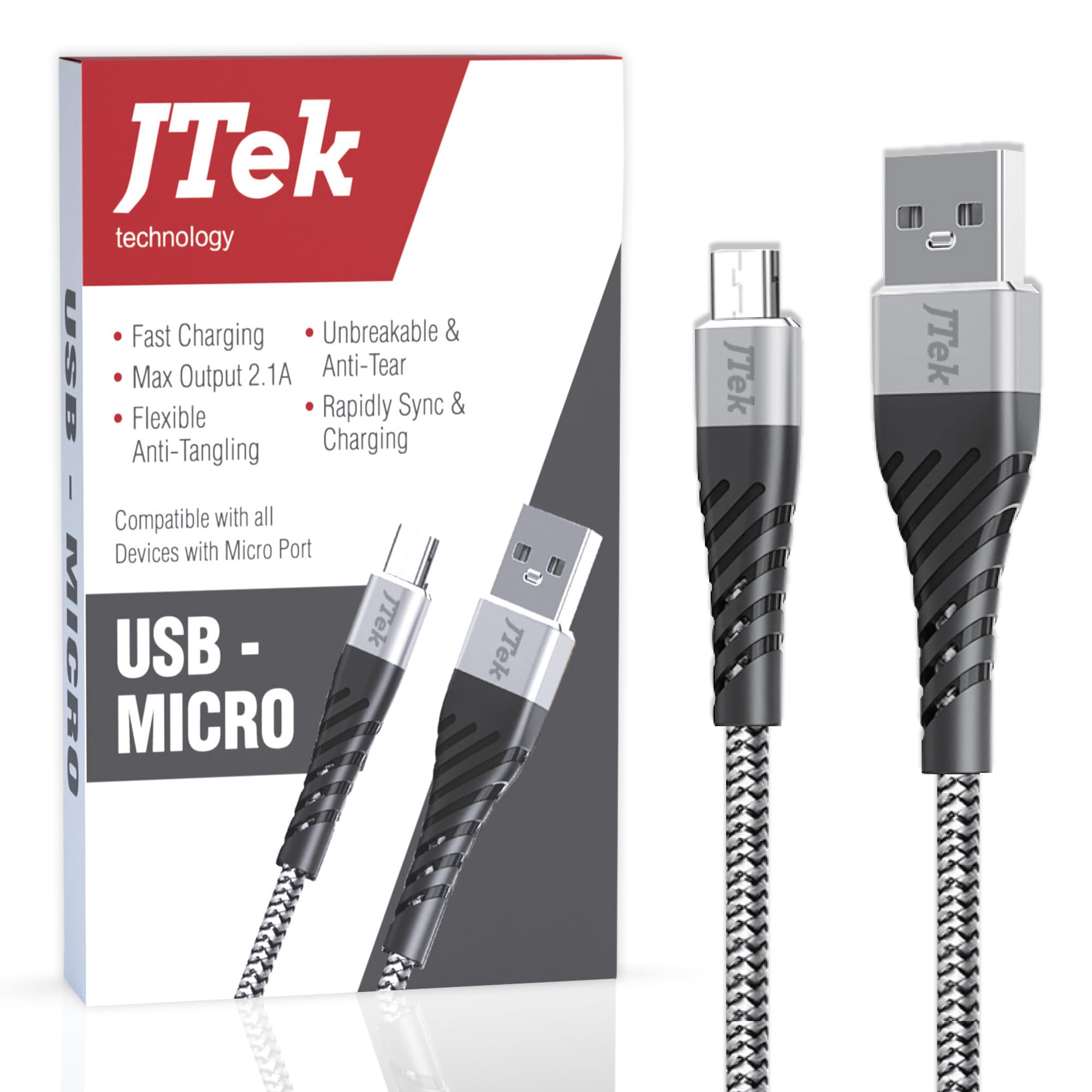 Jtek Micro USB Cable, 3.3ft, Fast Charging, Unbreakable, Anti-Tear, Flexible, Compatible with Samsung Galaxy, LG, Kindle, PS4, Xbox