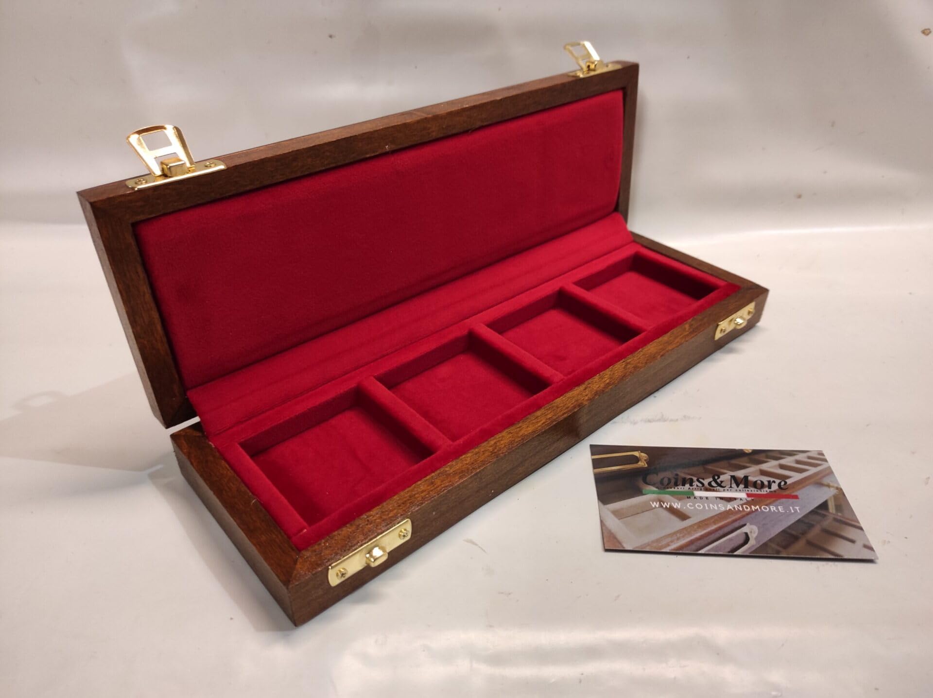 Coffret numismatique en Bois pour pièces et médailles – 4 Compartiments 50x50 mm, Velours, Fait Main en Italie