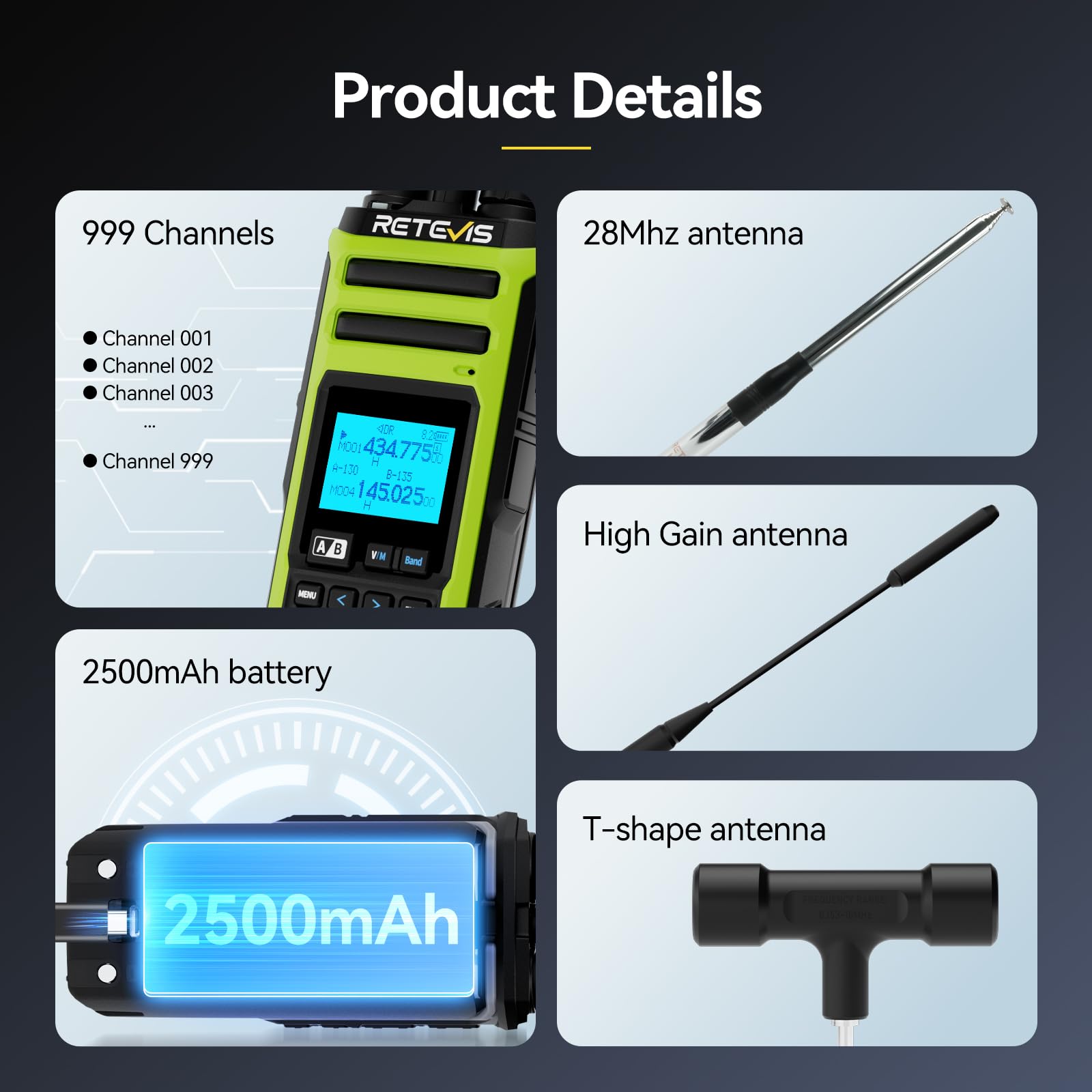 Retevis A3 Radio Dwukierunkowe, Czterozakresowe Radio Amatorskie, Tryby AM/SSB/FM/AIR, Dwukanałowe, 2500 mAh, Regulowana moc Walkie-Talkie do Polowań, Podróży, Kempingu (1 szt.)