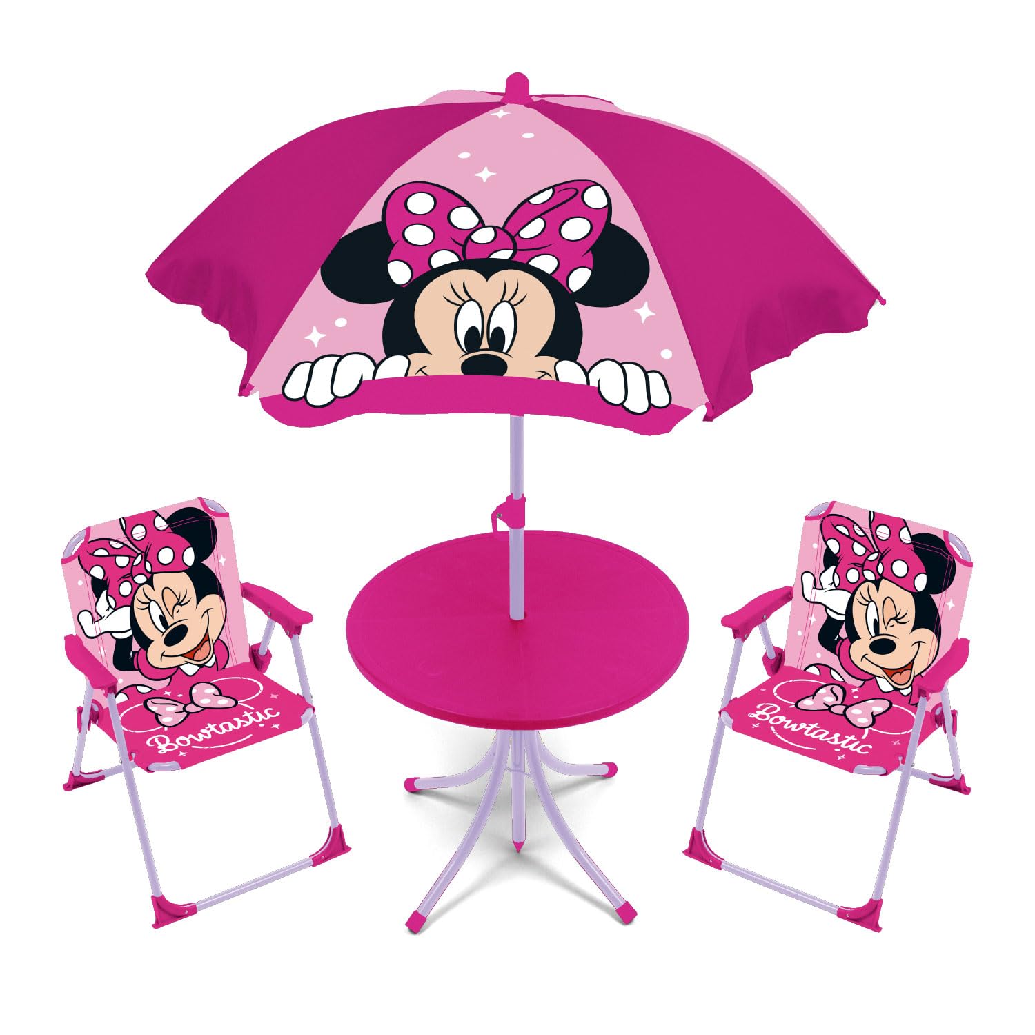 ARDITEX - Set Disney motivo Minnie composto da tavolo (50 x 50 x 48 cm), 2 sedie (38 x 32 x 53 cm) e ombrellone (diametro 110 cm), WD16123