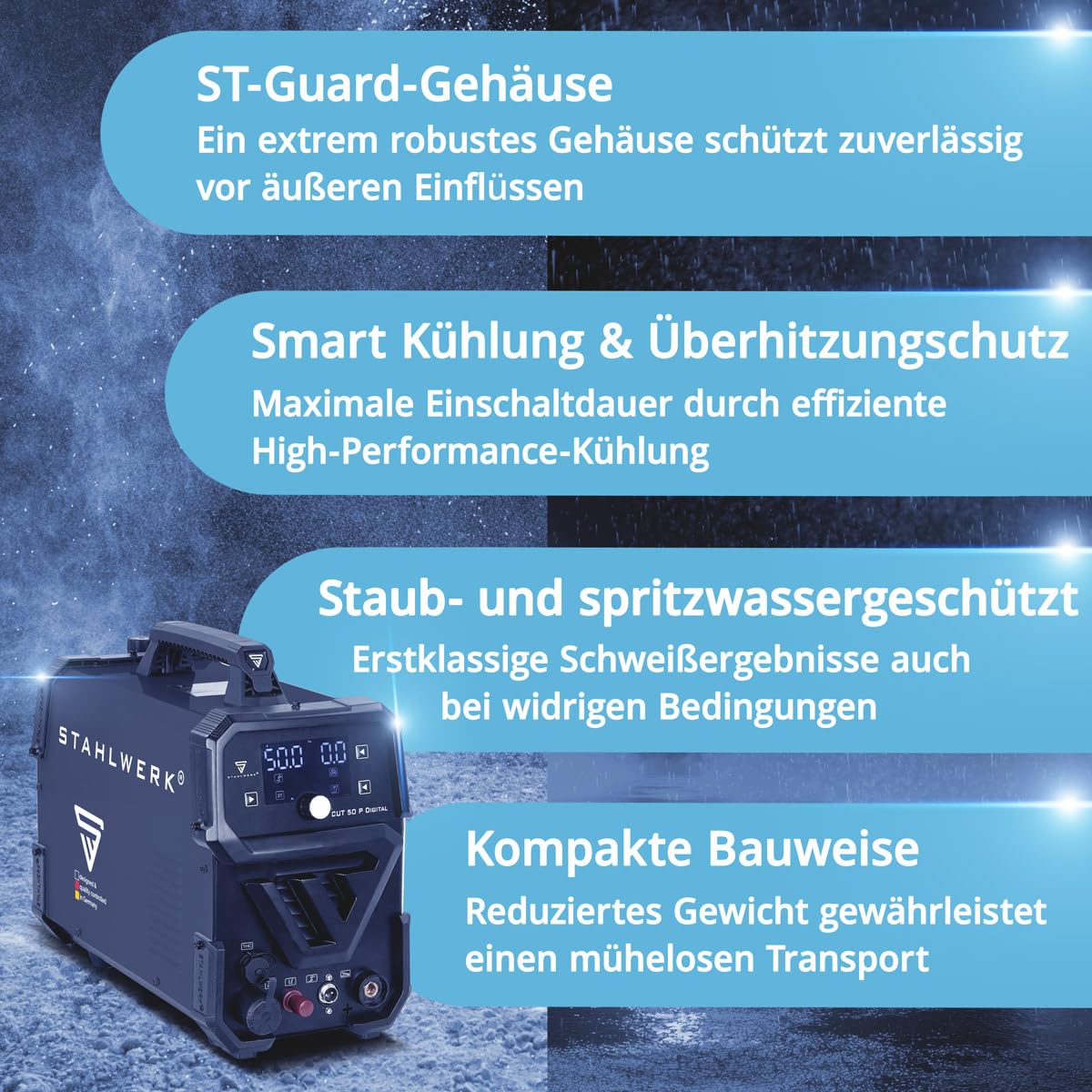 STAHLWERK Plasmaschneider CUT 50 P Digital – Plasmaschneidgerät mit 50 A, Schneidleistung bis 20 mm, HF-Pilotzündung, THC-Schnittstelle für CNC-Höhenregelung, Inverter Plasma Cutter
