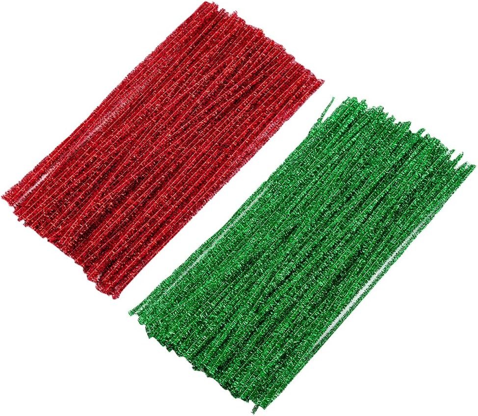 400 Pcs Christmas Pipe Cleaners Glitter Craft Pipe Cleaners Tinsel Chenille Stems Fuzzy Sticks Xmas Decorations Supplies Golden Silver