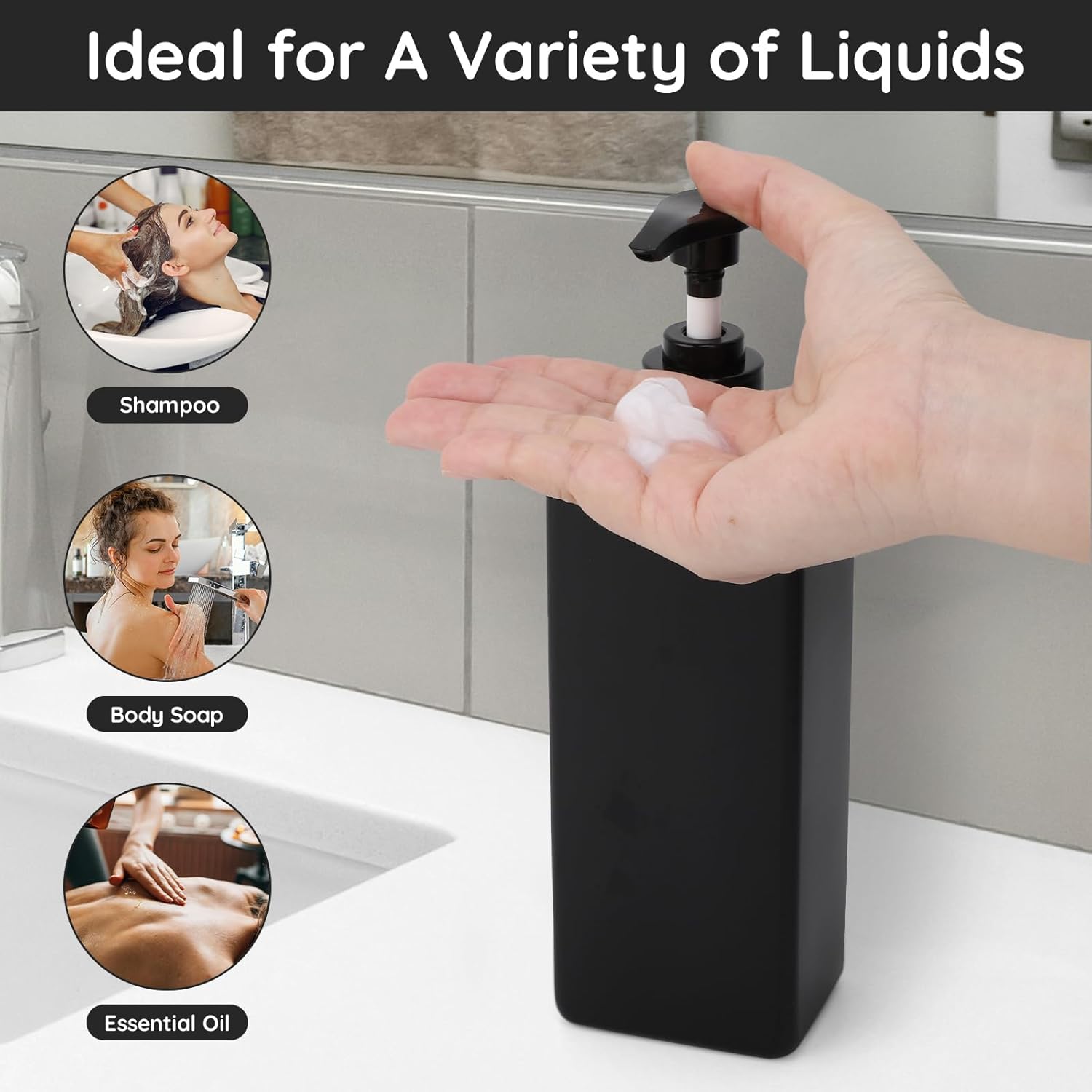 Segbeauty Bathroom Soap Dispenser Set, 4 Pack of 16.9oz Shower Bottles Refillable with Labels, 500ml Plastic Square Matte Black Soap Dispenser Empty Pump Bottles for Shampoo Conditioner Body Soap - Image 5