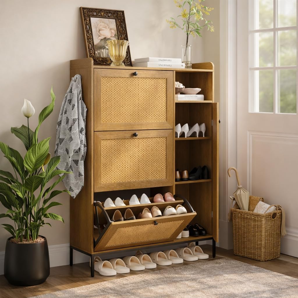 Rattan Shoe Cabinet, 3-Tier Flip Drawer Shoe Storage Cabinet with Adjustable Shelves, Narrow Entryway Shoe Organizer for Bedroom, Wood Shoe Cabinet with Metal Legs Hooks & Top Fence, Natural Wood