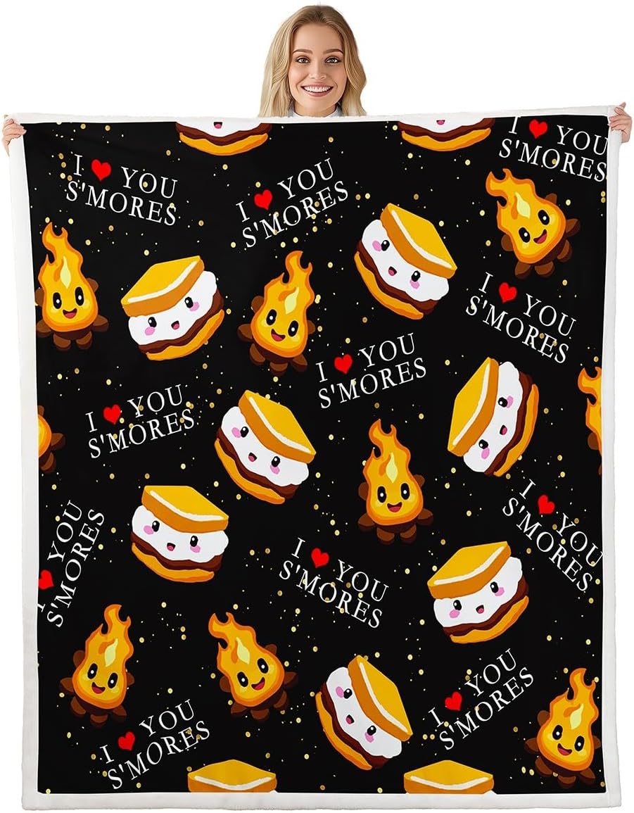 jejeloiu Cute S'Mores Fleece Throw Blanket for Bed Sofa Couch Marsh Mallow Cookie Plush Blanket Twin 60"x80" Cartoon Camping Sherpa Blanket Camper Black Fuzzy Blanket Flannal Blanket