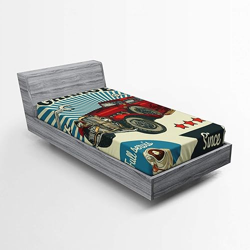 Miniatura 224 de Ambesonne - Sábana bajera ajustable multicolor, en colores y tres tamaños Azul y gris,Verde Militar Sage Green,Ámbar beige,Negro Grey White,Azul