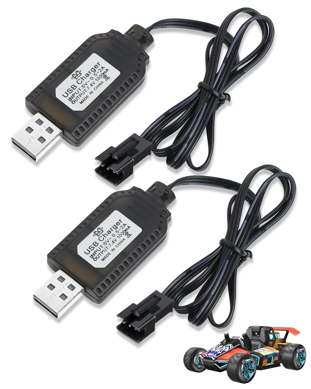 2 Cables Cargadores USB LiPo 2S 7.4V Con Conector SM-3P – Para Drones, Coches RC Y Barcos, Con Indicador LED Y Protección