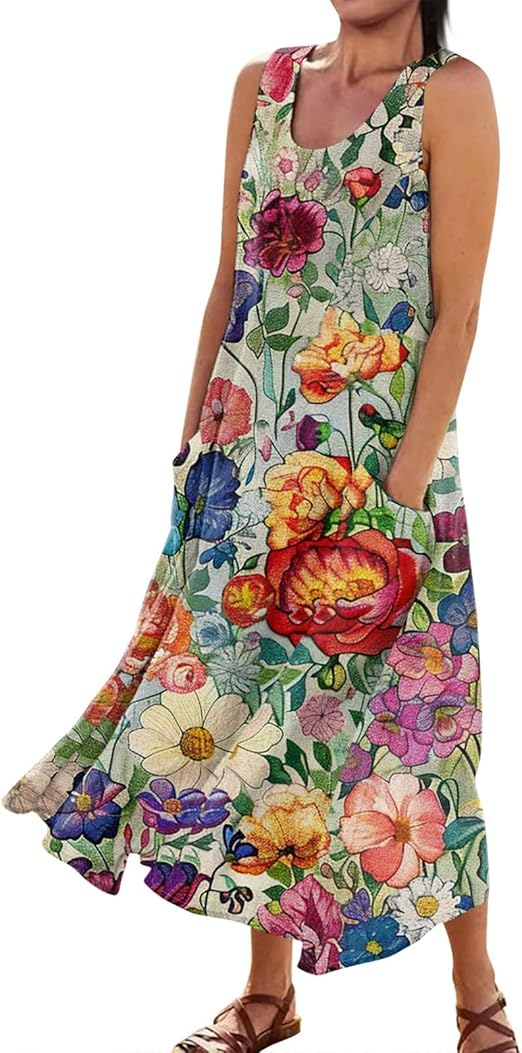 Plus Size Cotton Linen Summer Dresses for Curvy Women 2025 Sleeveless Maxi Vacation Beach Sundresses with Pockets