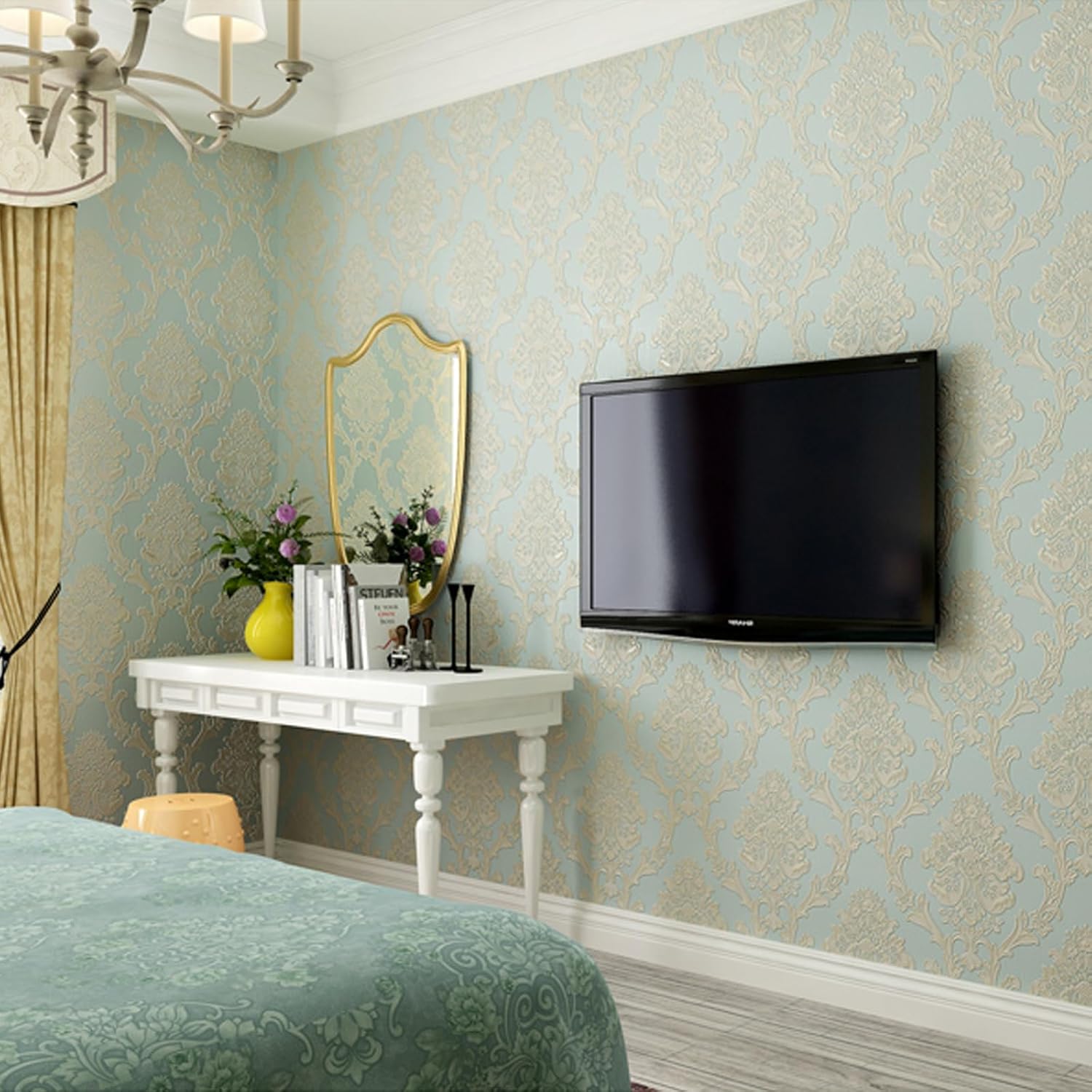 3D Embossed Damask Peel and Stick Wallpaper Modern European Style 3D Textured Wallpaper Non-Woven Removable Self Adhesive Wall Paper for Bedroom Living Room Wall Covering 20.8" x 197" Light Blue