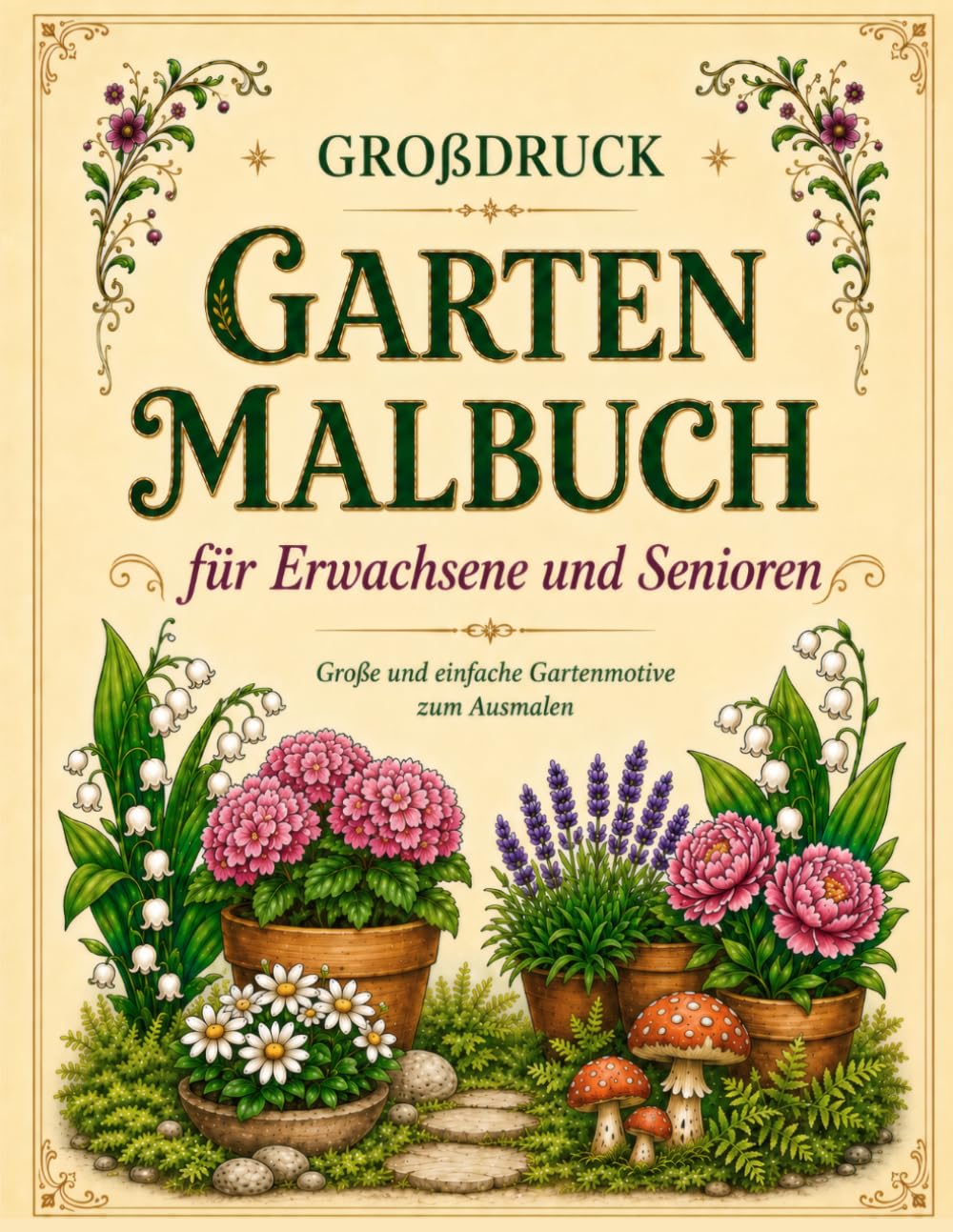 Großdruck Garten Malbuch für Erwachsene und Senioren: 55 entspannende Gartenszenen mit großen und einfachen Motiven zum Ausmalen – Blumen, Pflanzen, Gartenwege und gemütliche Ecken zur Entspannung