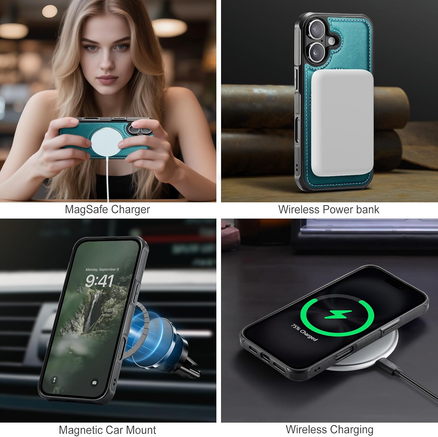 for iPhone 17 Wallet Case Compatible with Magsafe, Magnetic RFID Blocking Card Holder Kickstand 2 in 1 Detachable Case for iPhone 17 6.3", Bluish Green - Image 3