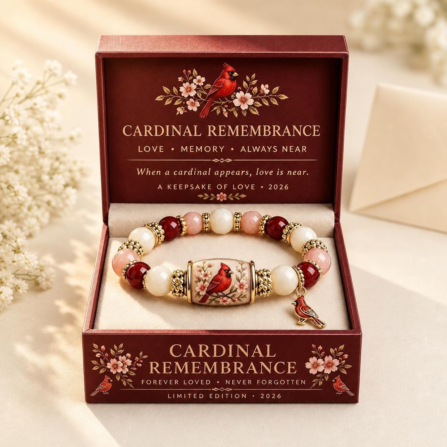 Cardinal Remembrance Beaded Bracelet in Gift Box, 2026 Memorial Keepsake Jewelry for Women, Red Pink Gold-Tone Bird Charm Sympathy Gift image 4