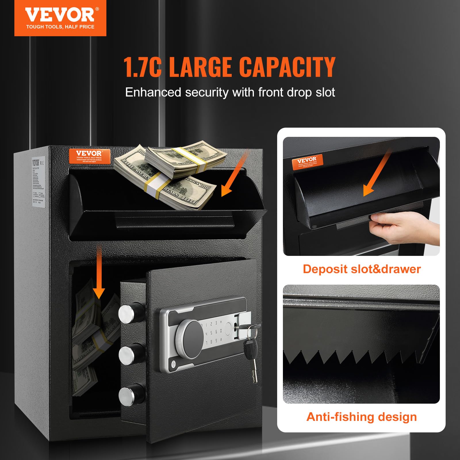 VEVOR 1,7 C Coffre-Fort avec Serrure Électronique de Dépôt, Acier Laminé à Froid Coffre-Fort à Trappe Déverrouillage par Mot de Passe 3-12 Chiffres & Clés pour Argent Doc Domicile Noir 450x350x300mm