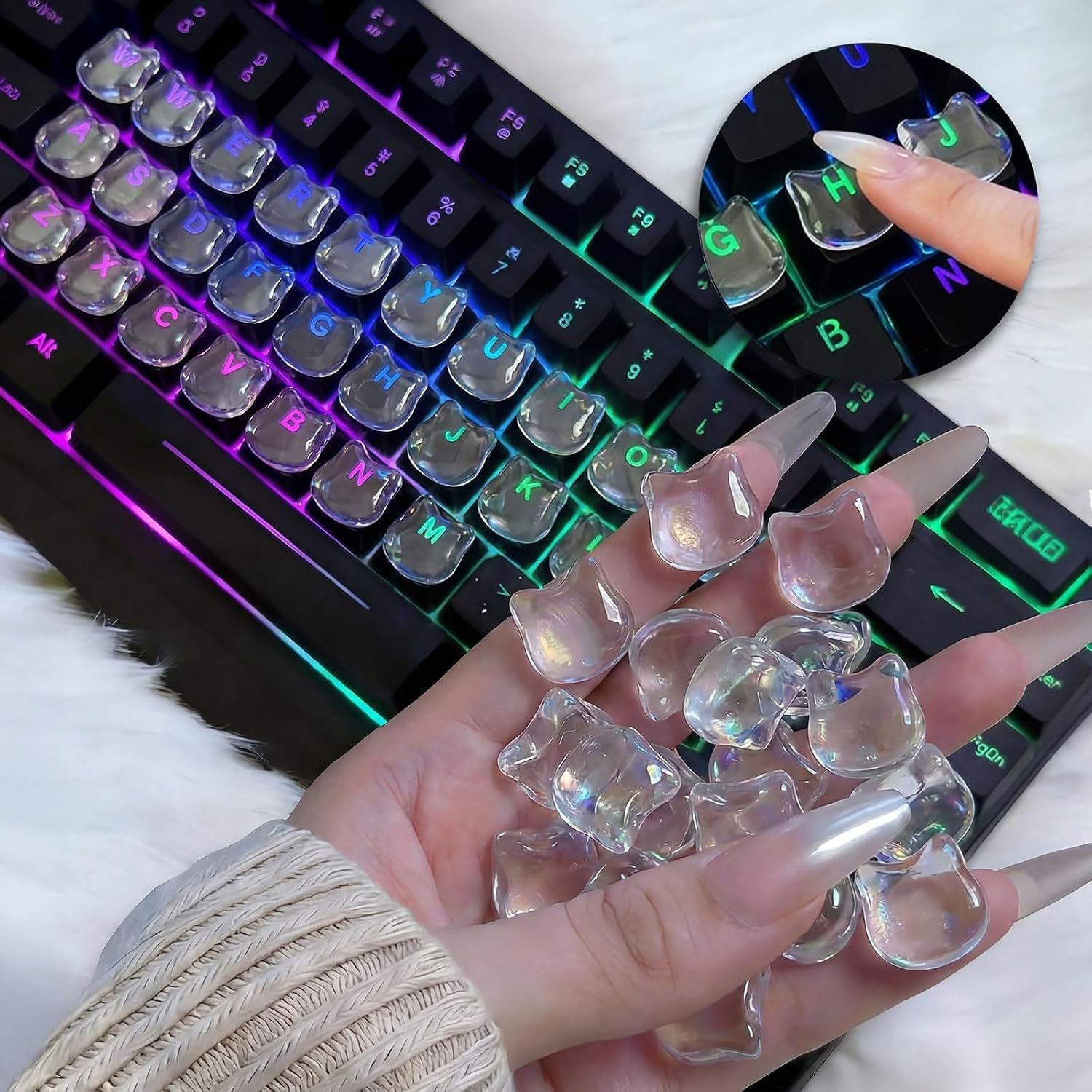 110PCS Long Nail Keyboard Bubbles, Nail-Friendly Raised Glass Cats