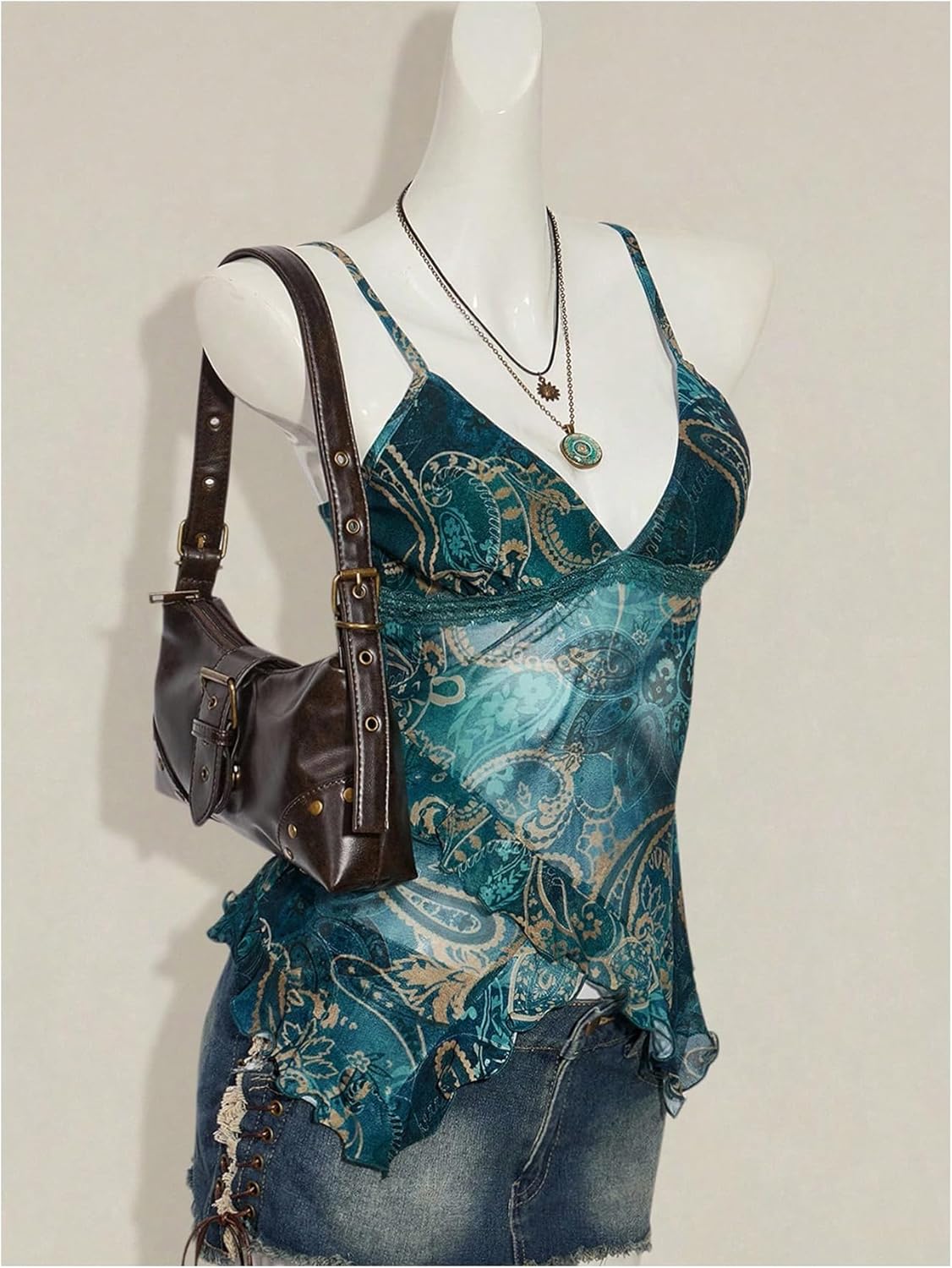 Milumia Women's Boho Paisley Ruffle Trim Mesh Cami Top V Neck Asymmetrical Hem Sheer Tops - Image 5