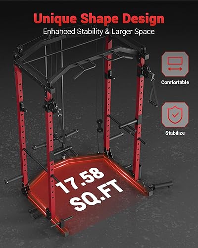 Miniatura 9 de GarveeLife Jaula de potencia, estantes de potencia multifuncionales para gimnasio en casa con sistema de cruce de cables, capacidad de peso de 1600