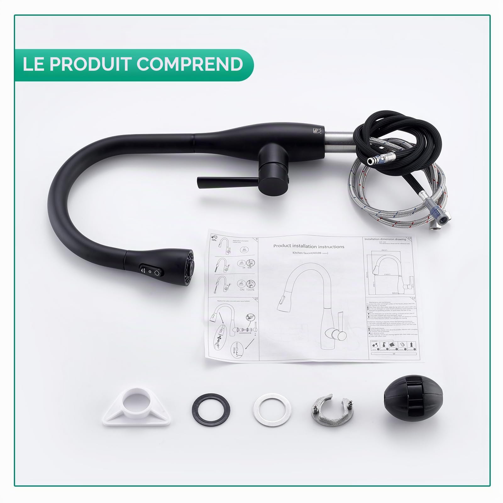 CREA Robinet de Cuisine, Robinet Cuisine avec Douchette Extensible, Robinet Cuisine Mitigeur avec 3 Modes de Jet, Robinet Évier Cuisine Rotatif à 360°, Noir Mat