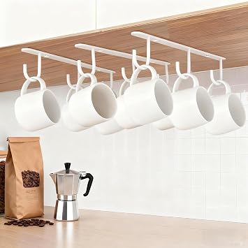 Under Cabinet Mug Holder,Under Shelf Mug Hooks,Coffee Cup Holder,Hanging Mug Storage Rack3 Pieces,White