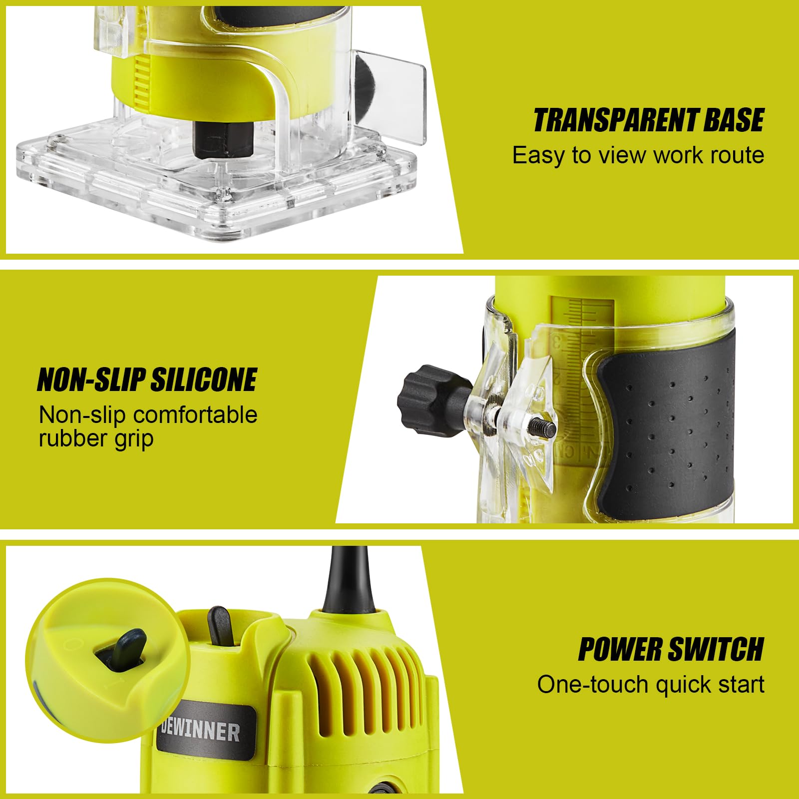 DEWINNER Fresatrice Verticale Legno, 600 W Fresatrice per Legno con 12 Pezzi Set frese (6mm), Rifilatore per Legno per Lavorazione del Legno Rifinitura Scanalatura Intaglio per Lavori di Carpenteria