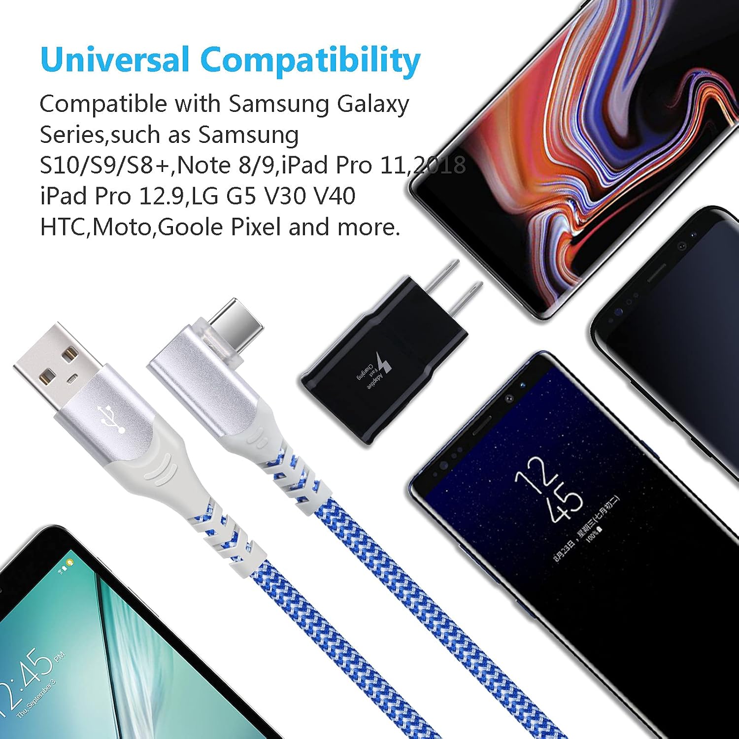 eversame Right Angle Type C Cable(4-Pack),90 Degree 10ft USB C Cable Nylon Braided Type C Charger Compatible Samsung Galaxy S8 S9 S10 Plus S20, Note 10+,G6 V40, Pixel(Blue Green Purple Pink)