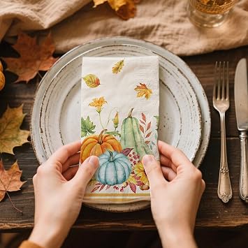 100 Pcs Fall Paper Napkins Thanksgiving Watercolor Pumpkin Sunflowers Guest Towels, Autumn Disposable Napkins for Kitchen Dinner Table, Harvest Party, Bathroom Decor