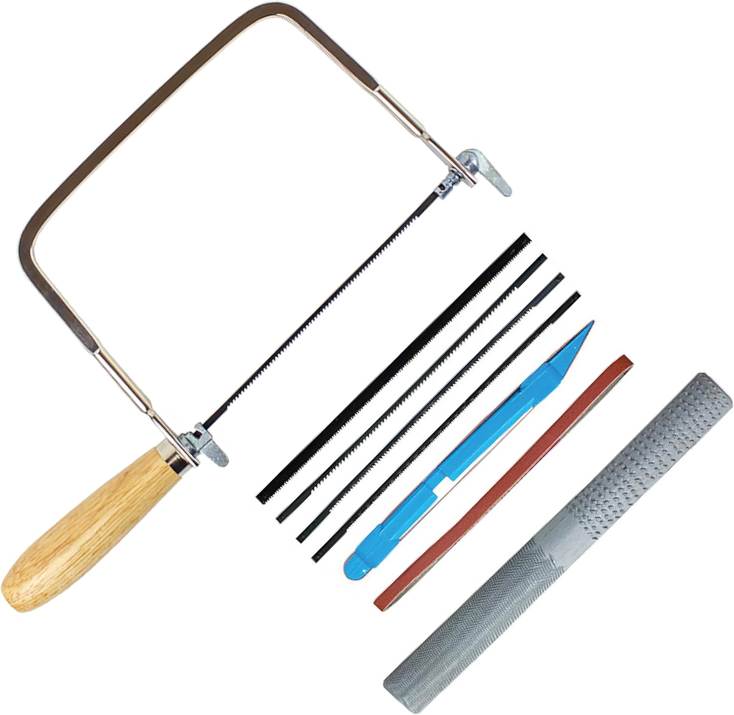 Excel Blades 8-Piece Coping Saw Set – Includes 4 Blades, 4-Way Hand File & Sanding Stick – Precision U-Frame Handsaw Kit for Wood, Plastic, Metal, and Rubber Cutting