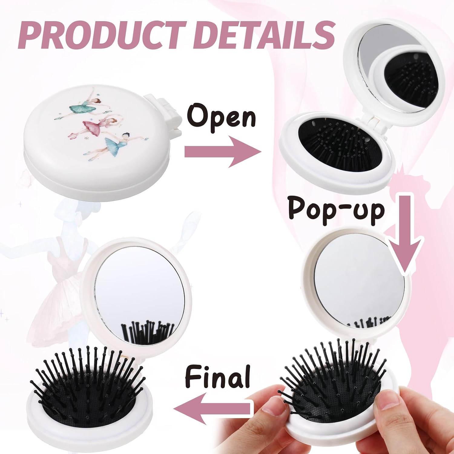 Meanplan 12 Pcs Dance Gifts Bulk for Women Mini Portable Folding Hairbrushes with Mirror International Dance Day Gifts for Ballet Lovers Dancers Recital Team Teacher Party Favors