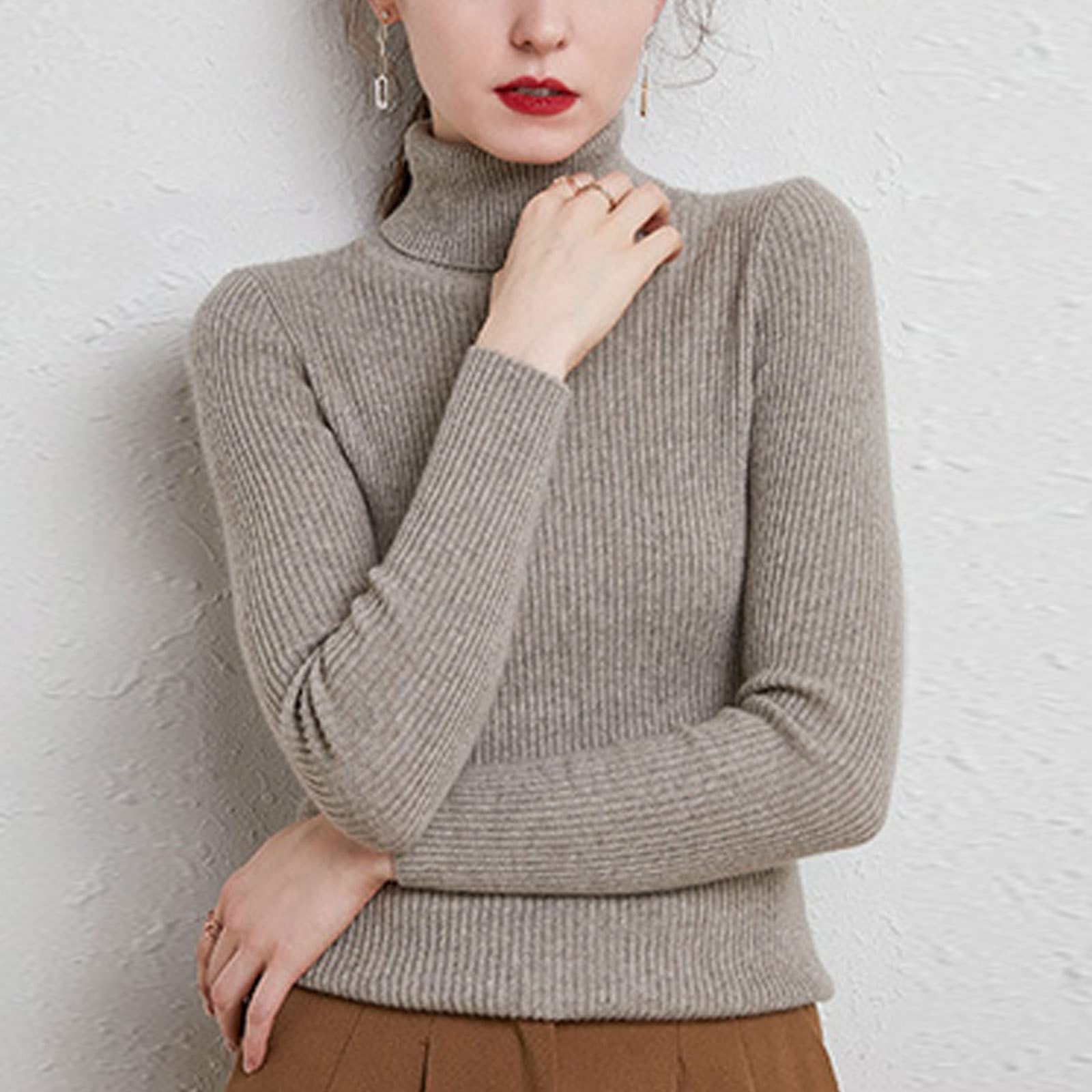EMDPBD Sweter damski golf, dzianinowy sweter z długim rękawem ciepły sweter na co dzień ciepły dzianinowy sweter topy, wielbłądzi szary-XL