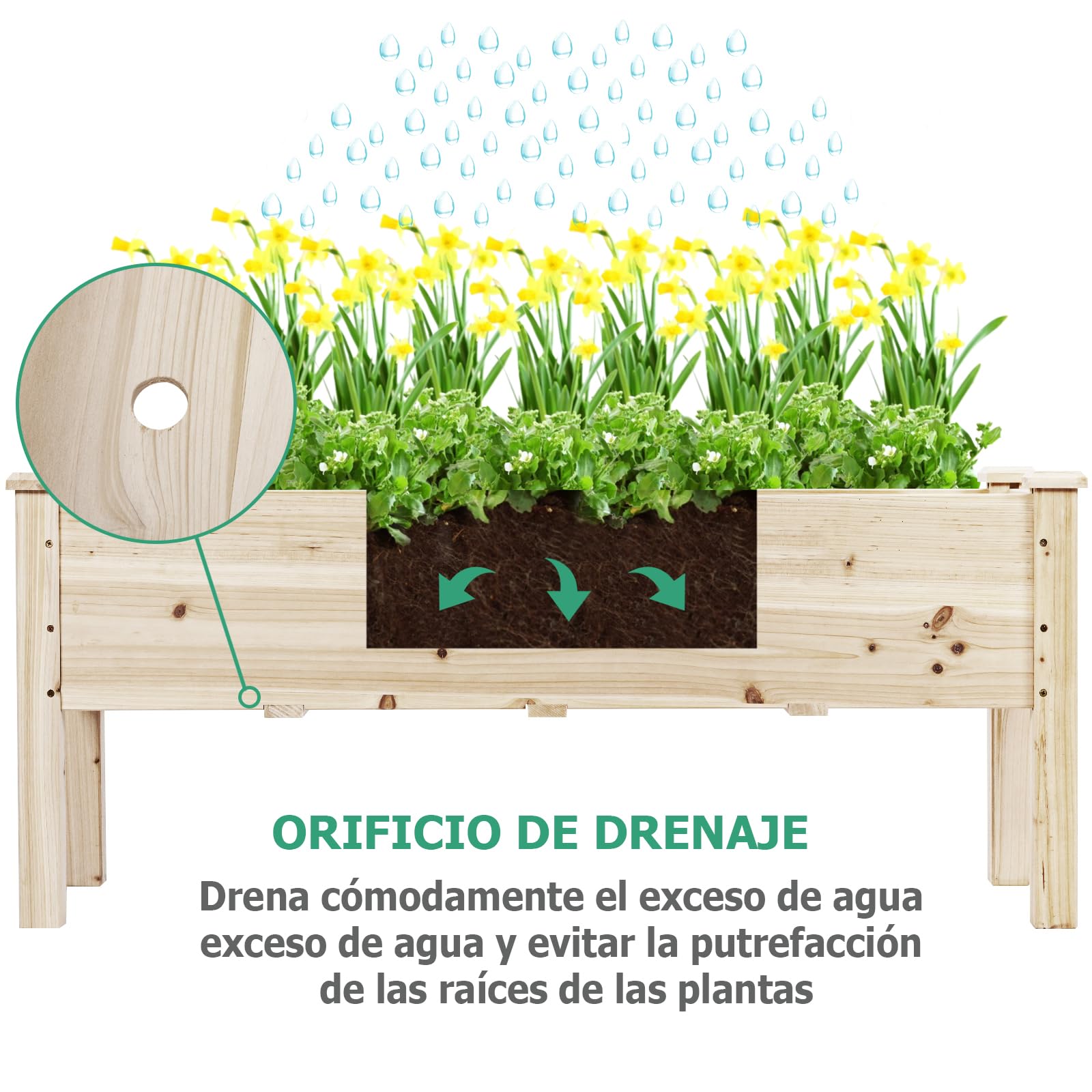 GOPLUS Huerto Urbano de Madera de Abeto, Cama Elevada con 5 Agujeros de Drenaje, Jardinera para Flores Verduras, Maceta para Cultivo, Capacidad de 100 kg, 120 x 43,5 x 51 cm (Beige)