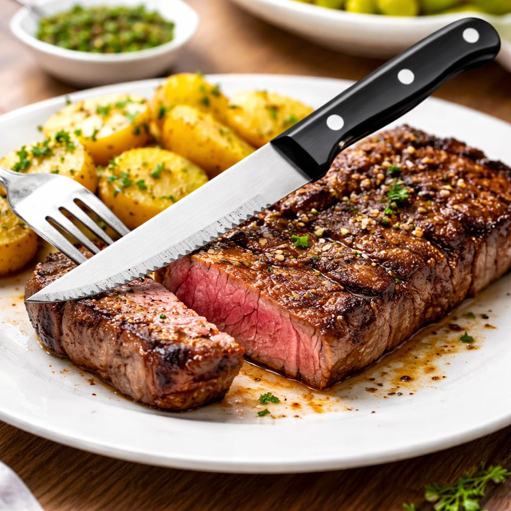 Juego de 9 Cuchillos de Carne de Mesa con Mango Negro, Hoja de Acero Inoxidable, Diseño Elegante, Cuchillo Bistec, Chuletero, Cuchillo Barbacoa, apto para lavavajillas.
