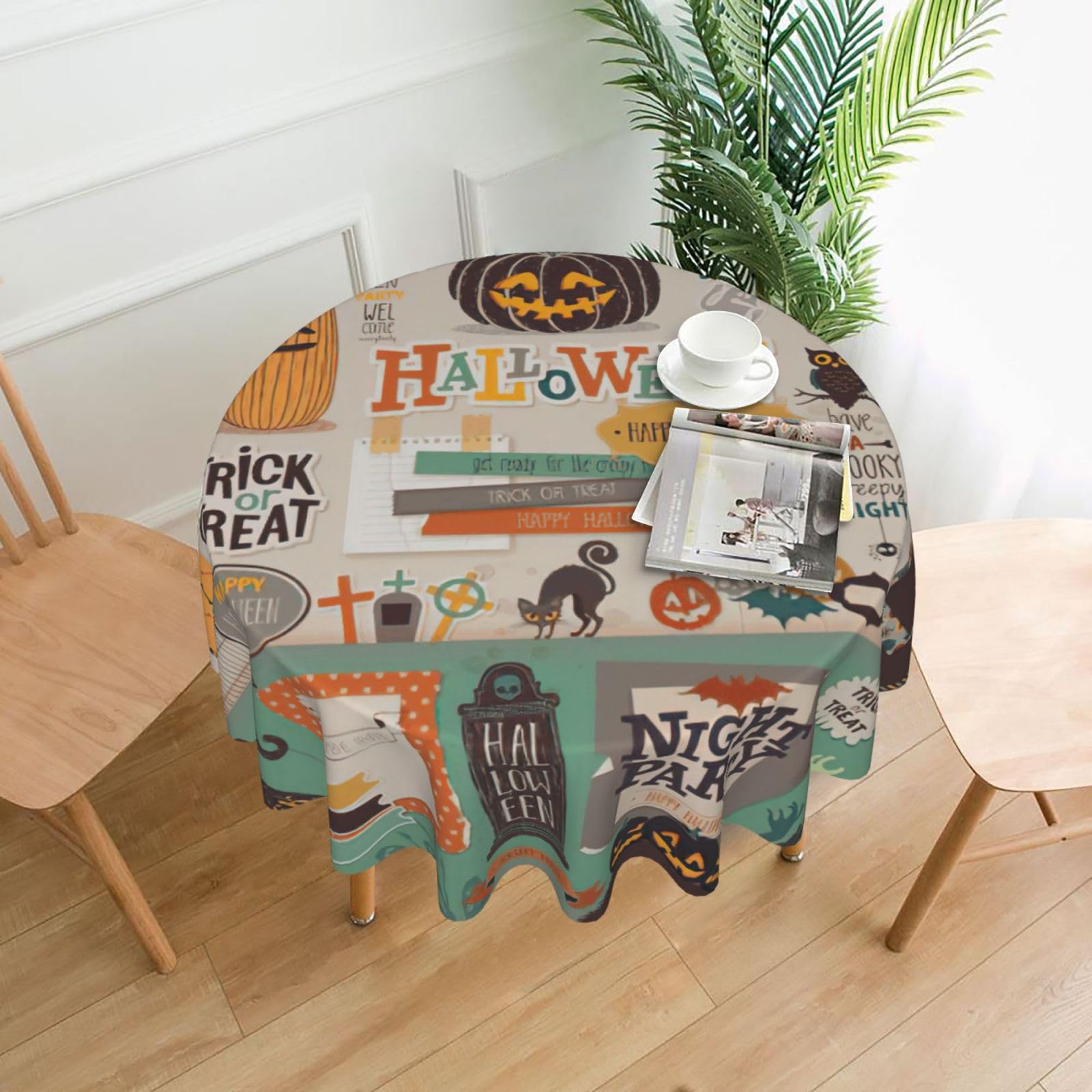 SDEGTHO Halloween Scrapbook Print Modern Retro Round Tablecloth 60in Polyester Fabric Cover for Party Dining Table Washable