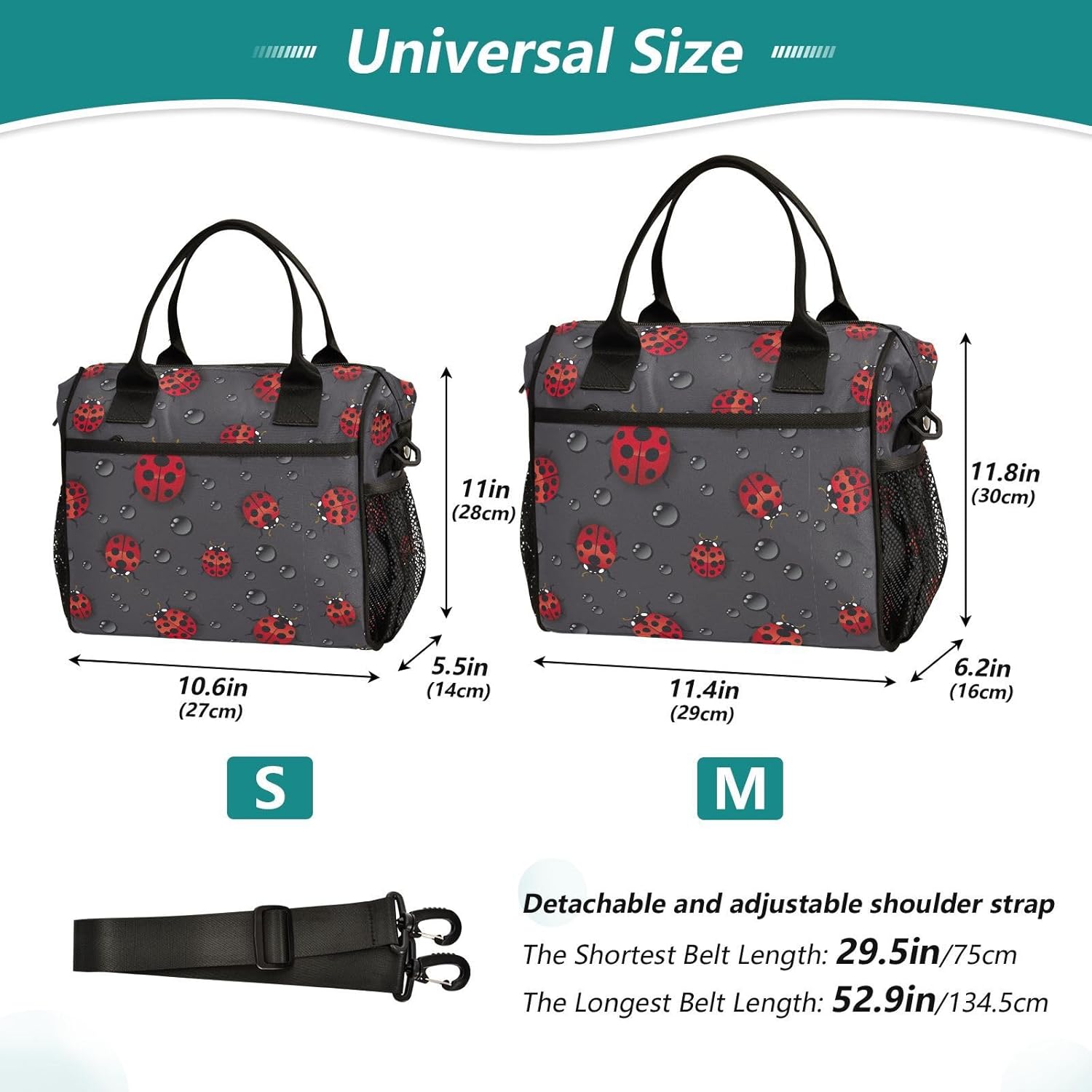 Red Ladybugs Lunch Bag Reusable Lunch Box for Office Picnic Hiking Beach, Insulated Cooler Tote Food Container with Adjustable Shoulder Strap for Men Women Adults
